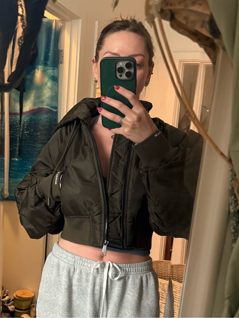 Cropped Olive Green Bomber Jacket Urban Outfitters/Iets frans detachable hood